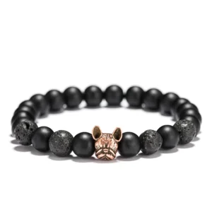 Bracelet perles avec pendentif bouledogue – onyx et cuivre