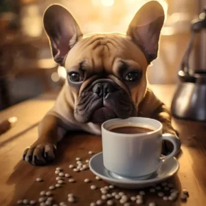 Affiche bouledogue français buveur de café
