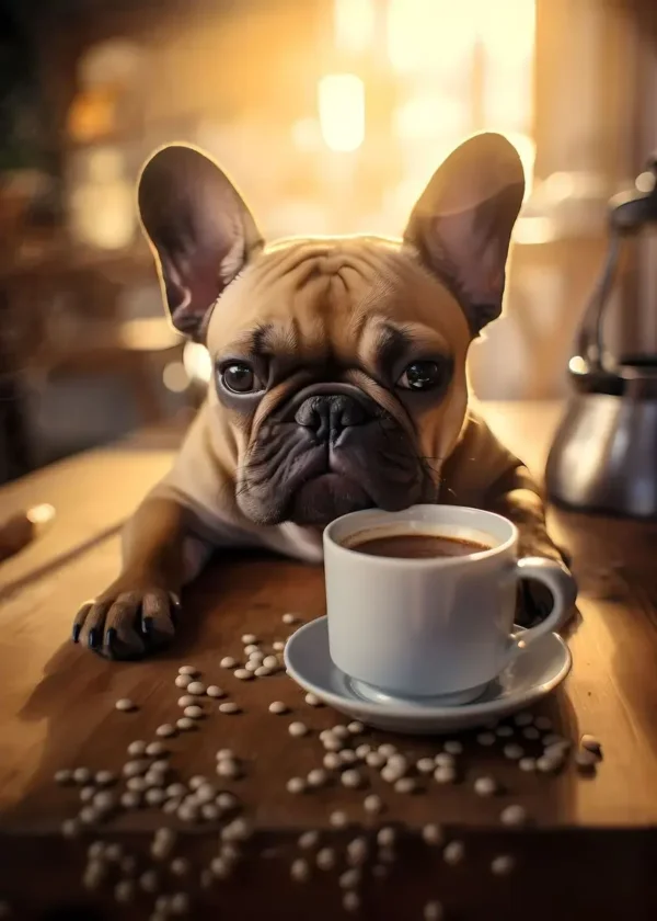 Affiche bouledogue français buveur de café